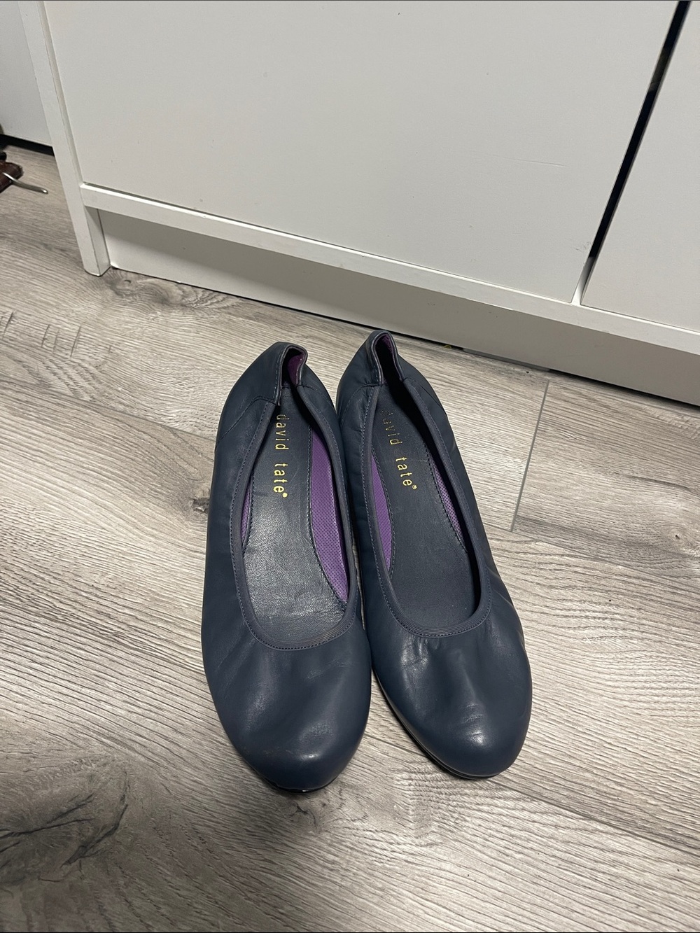 David Tate Navy Leather Slip-On Ballet Flats with Purple Insole